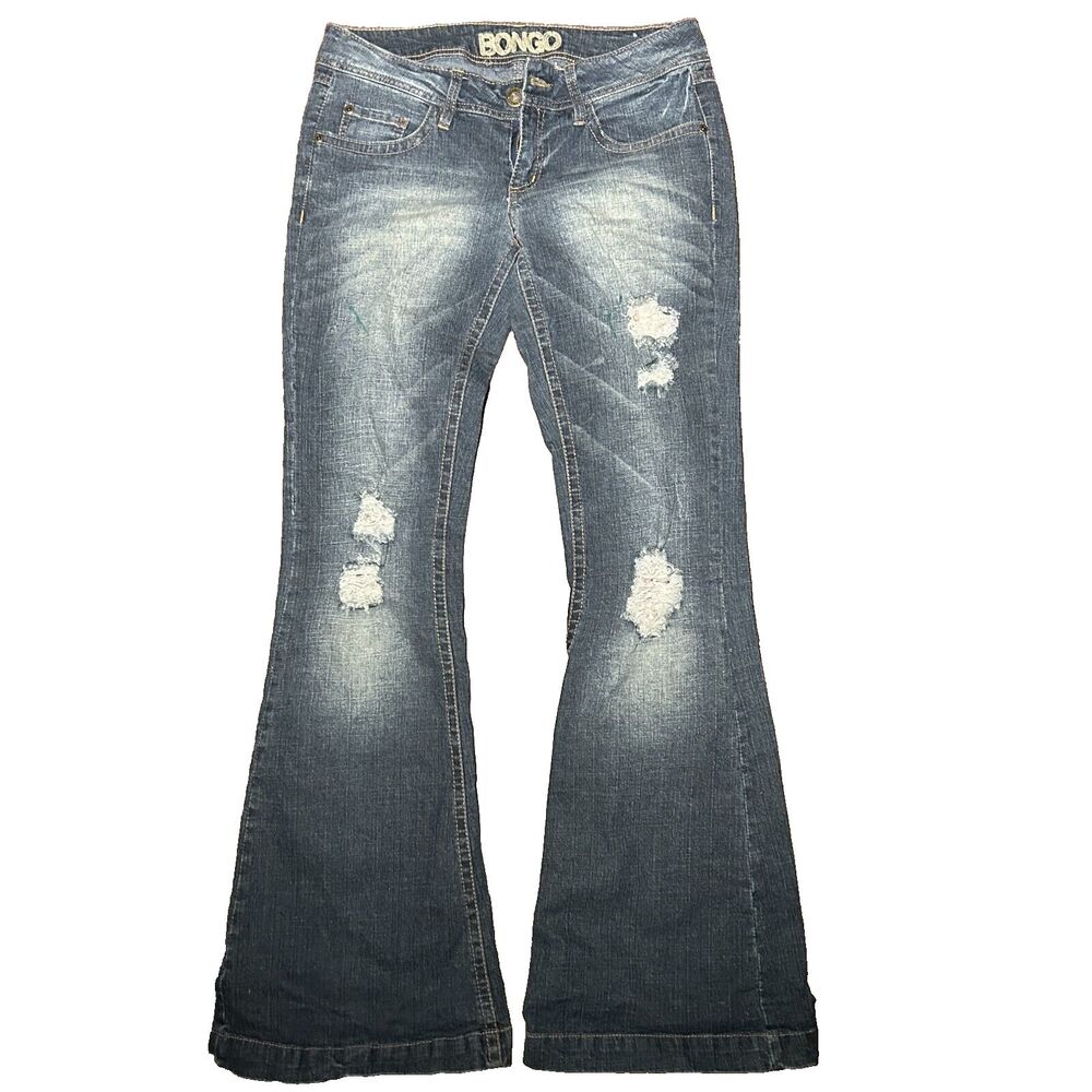 Bongo Women's Distressed Boot Bootcut Jeans Low Rise Stretch Denim Blue Size 31